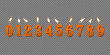 Vektör 3d Gerçekçi Parafin veya Ağda Yanan Portakal Doğum Günü Partisi Mumları, Numaralar ve Bir Mum Simgesi Farklı Alevler İzole Edildi. Tasarım Şablonu, Clipart, Doğum Günü Konsepti. Üst Görünüm.