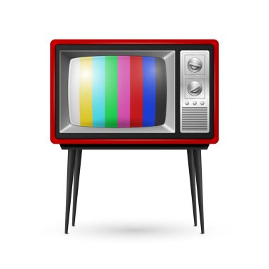 Vektör 3d Gerçekçi Kırmızı Retro Çizgili Ekran TV Alıcısı Beyaz Arkaplanda İzole Edildi. Ev Tasarımı Konsepti. Klasik TV Seti, Televizyon, Ön Görünüm.