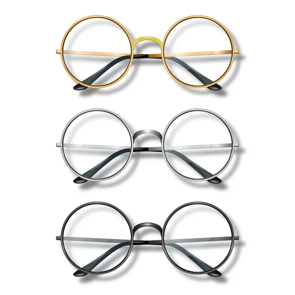 Διάνυσμα Ρεαλιστικό Στρογγυλό Πλαίσιο Γυαλιά Σετ Γυαλί Απομονωμένο Διαφανές Γυαλιά — Διανυσματικό Αρχείο