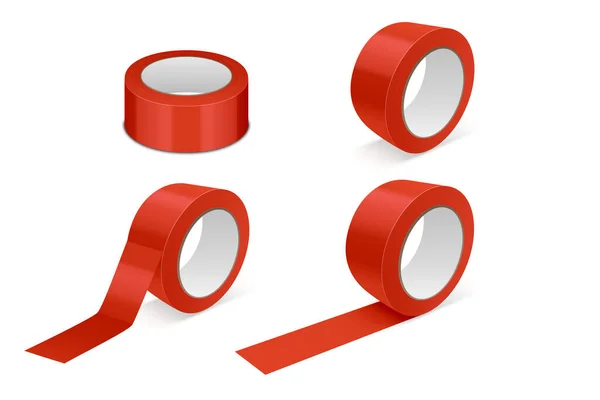 ベクトル3Dリアルな光沢のある赤いテープロールアイコンセット 白の背景に隔離されたモックアップのクローズ パッケージのデザインテンプレート粘着テープロールまたはモックアップ用粘着テープ フロントビュー — ストックベクタ