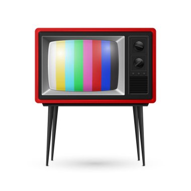 Vektör 3d Gerçekçi Kırmızı Retro Çizgili Ekran TV Alıcısı Beyaz Arkaplanda İzole Edildi. Ev Tasarımı Konsepti. Klasik TV Seti, Televizyon, Ön Görünüm.