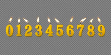 Vektör 3d Gerçekçi Parafin veya Mum Yanan Sarı Doğum günü Partisi Mumları, Numaralar ve Bir Mum Simgesi Farklı Alevler İzole Edildi. Tasarım Şablonu, Clipart, Doğum Günü Konsepti. Üst Görünüm.