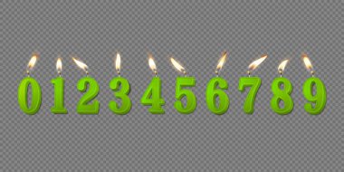 Vektör 3d Gerçekçi Parafin veya Ağda Yanan Yeşil Doğum Günü Partisi Mumları, Numaralar ve Bir Mum Simgesi Farklı Alevler İzole Edildi. Tasarım Şablonu, Clipart, Doğum Günü Konsepti. Üst Görünüm.