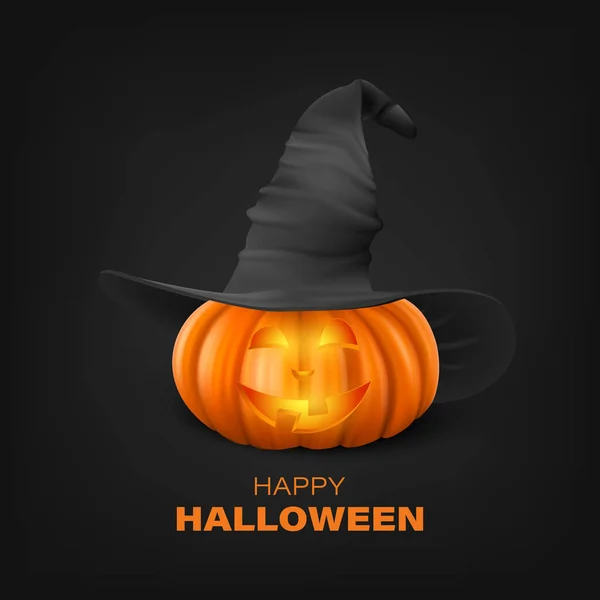 Vector Halloween Pumpkin Witch Hat Black Background 입니다 Carved Pumpkin — 스톡 벡터