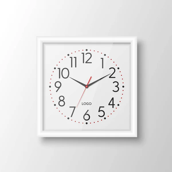 Вектор Реалистичный Белый Квадрат Стены Офиса Часы Дизайн Шаблон Изолирован — стоковый вектор