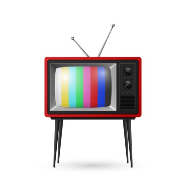 Vektör 3d Gerçekçi Kırmızı Retro Çizgili Ekran TV Alıcısı Beyaz Arkaplanda İzole Edildi. Ev Tasarımı Konsepti. Klasik TV Seti, Televizyon, Ön Görünüm.