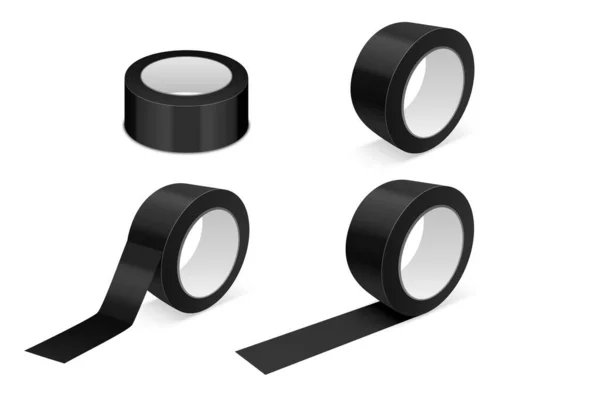 Vektor Realistické Lesklé Černé Pásky Roll Icon Set Mock Closeup — Stockový vektor