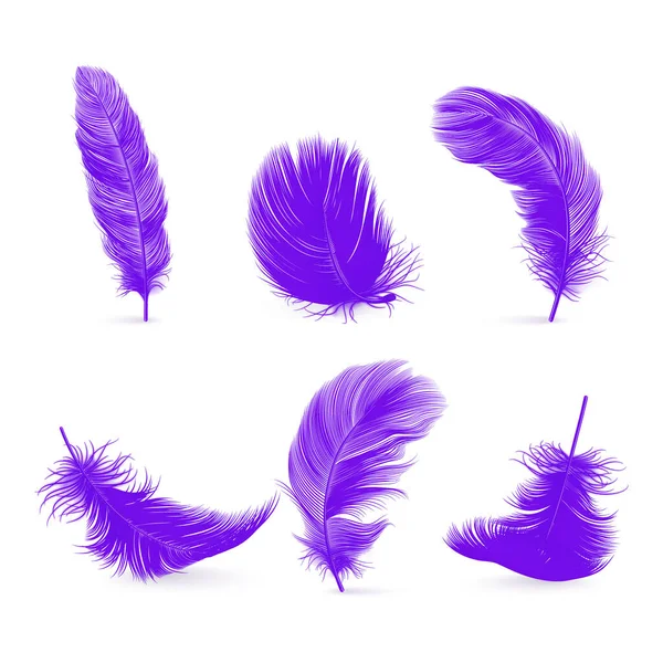 Vector Realistische Purple Fluffy Feather Set Geïsoleerd Witte Achtergrond Ontwerp — Stockvector