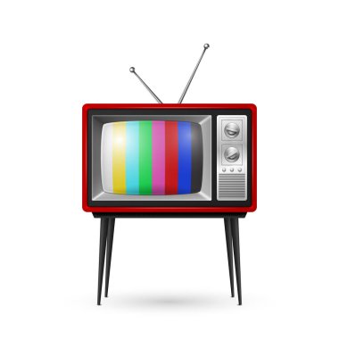 Vektör 3d Gerçekçi Kırmızı Retro Çizgili Ekran TV Alıcısı Beyaz Arkaplanda İzole Edildi. Ev Tasarımı Konsepti. Klasik TV Seti, Televizyon, Ön Görünüm.