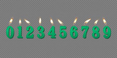 Vektör 3d Gerçekçi Parafin veya Ağda Yanan Yeşil Doğum Günü Partisi Mumları, Numaralar ve Bir Mum Simgesi Farklı Alevler İzole Edildi. Tasarım Şablonu, Clipart, Doğum Günü Konsepti. Üst Görünüm.