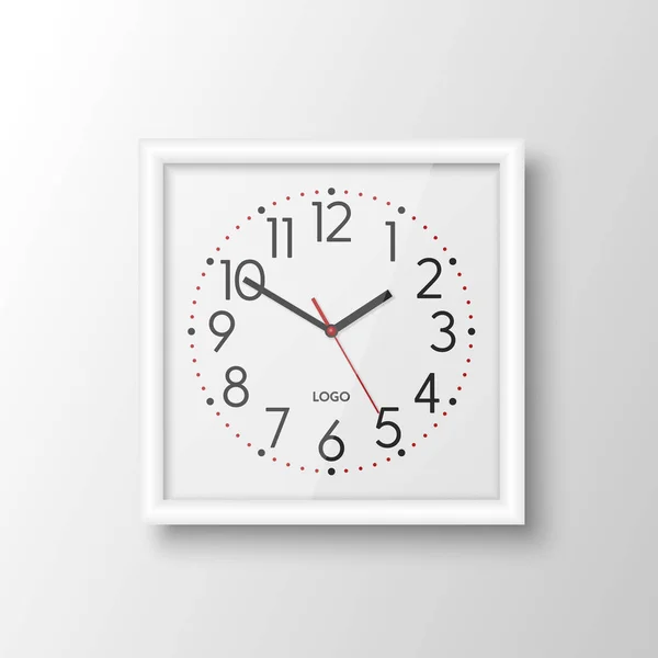 Vector Realista Branco Quadrado Parede Escritório Relógio Modelo Design Isolado — Vetor de Stock
