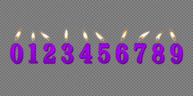 Vektör 3d Gerçekçi Parafin veya Mor Yanan Mumlar, Numaralar ve Bir Mum Simgesi Farklı Alevler İzole Edildi. Tasarım Şablonu, Clipart, Doğum Günü Konsepti. Üst Görünüm.