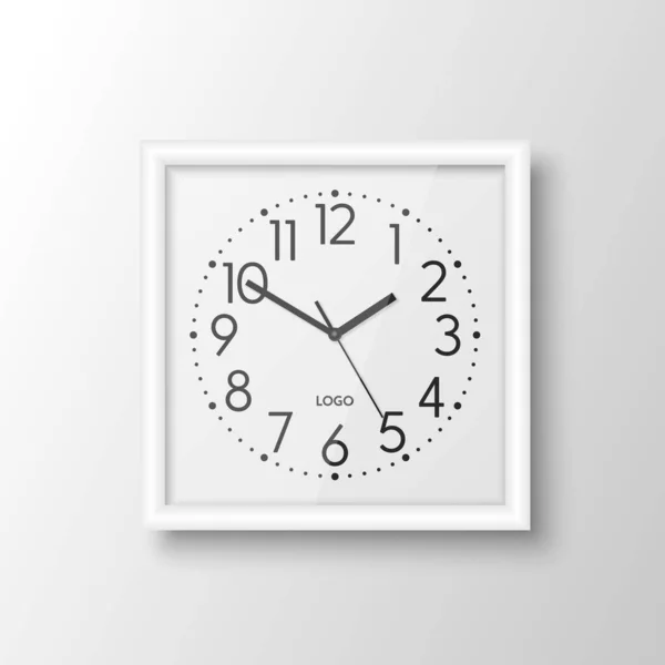 Vector Realistic White Square Wall Office Clock Design Template Isolated — Stock Vector