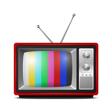 Vektör 3d Gerçekçi Kırmızı Retro Çizgili Ekran TV Alıcısı Beyaz Arkaplanda İzole Edildi. Ev Tasarımı Konsepti. Klasik TV Seti, Televizyon, Ön Görünüm.