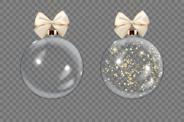 Vektör Gerçekçi 3d Şeffaf Noel Balosu Altın Parıltı Kapanışı İzole Edildi. Xmas 'ın Şablonu ve Mockup için Yeni Yıl Ağacı Oyuncak Balosu. Ön Görünüm.