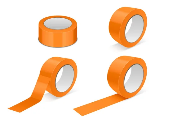 ベクトル3Dリアルな光沢のあるオレンジテープロールアイコンセット 白の背景に隔離されたモックアップクローズアップ パッケージのデザインテンプレート粘着テープロールまたはモックアップ用粘着テープ フロントビュー — ストックベクタ