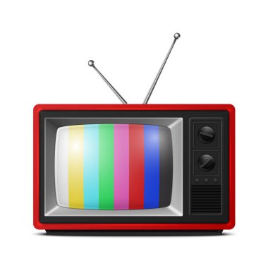 Vektör 3d Gerçekçi Kırmızı Retro Çizgili Ekran TV Alıcısı Beyaz Arkaplanda İzole Edildi. Ev Tasarımı Konsepti. Klasik TV Seti, Televizyon, Ön Görünüm.