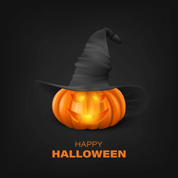 Calabaza Halloween Vectorial Con Sombrero Bruja Sobre Fondo Negro Lindo — Vector de stock