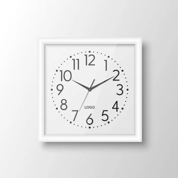 Vector Realista Blanco Cuadrado Pared Reloj Oficina Plantilla Diseño Aislado — Vector de stock