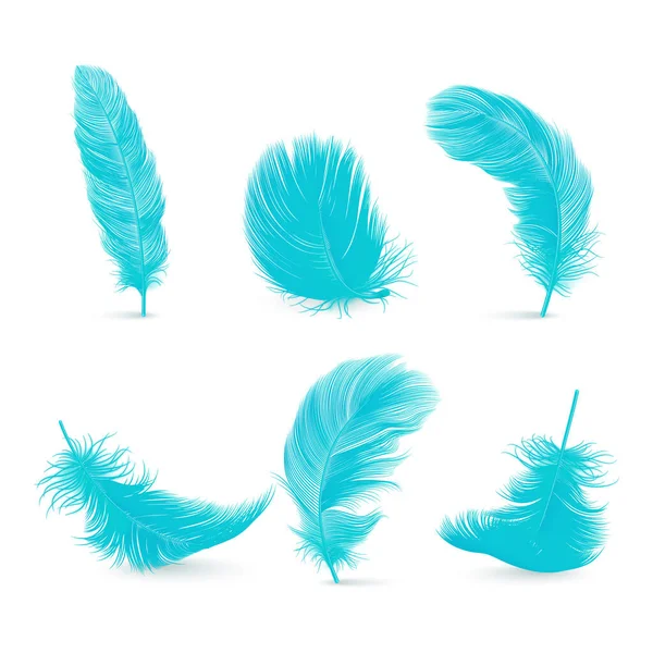 Vektor Realistik Blue Fluffy Feather Set Terisolasi White Background Templat - Stok Vektor