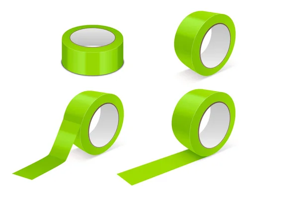 ベクトル3Dリアルな光沢のある緑色のテープロールアイコンセット 白の背景に隔離されたモックアップクローズ パッケージのデザインテンプレート粘着テープロールまたはモックアップ用粘着テープ フロントビュー — ストックベクタ