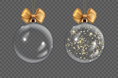 Vektör Gerçekçi 3d Şeffaf Noel Balosu Altın Parıltı Kapanışı İzole Edildi. Xmas 'ın Şablonu ve Mockup için Yeni Yıl Ağacı Oyuncak Balosu. Ön Görünüm.