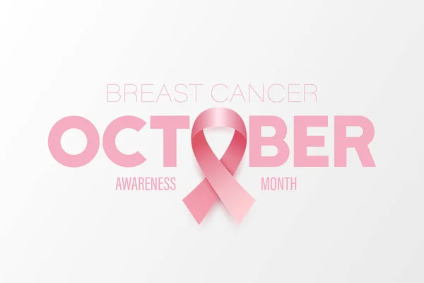 October Breast Cancer Banner Card Placard Vector Realistic Pink Ribbon — Stock Vector