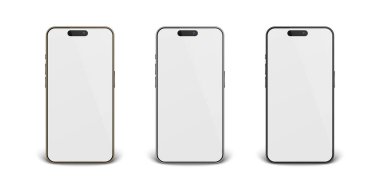 Vektör 3d Gerçekçi Altın, Siyah, Gri Çelik Modern Akıllı Telefon Tasarım Şablonu Kapatma İzole edildi. Cep telefonu Mockup. Telefon Aygıtı UI UX, Telefon Ön Görünümde.