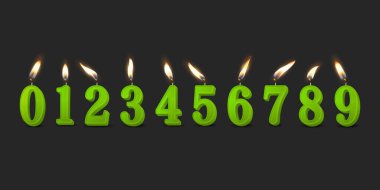 Vektör 3d Gerçekçi Parafin veya Ağda Yanan Yeşil Doğum Günü Partisi Mumları, Numaralar ve Bir Mum Simgesi Farklı Alevler İzole Edildi. Tasarım Şablonu, Clipart, Doğum Günü Konsepti. Ön Görünüm.