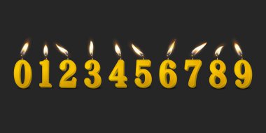 Vektör 3d Gerçekçi Parafin veya Mum Yanan Sarı Doğum günü Partisi Mumları, Numaralar ve Bir Mum Simgesi Farklı Alevler İzole Edildi. Tasarım Şablonu, Clipart, Doğum Günü Konsepti. Ön Görünüm.