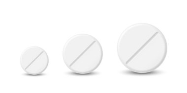 Vektör 3d Gerçekçi Yuvarlak Beyaz İlaç Hapları, Kapsül, Tablet Simgesi Beyaz Arkaplan 'da izole edildi. Ön Manzara. Tıbbi Konsept.