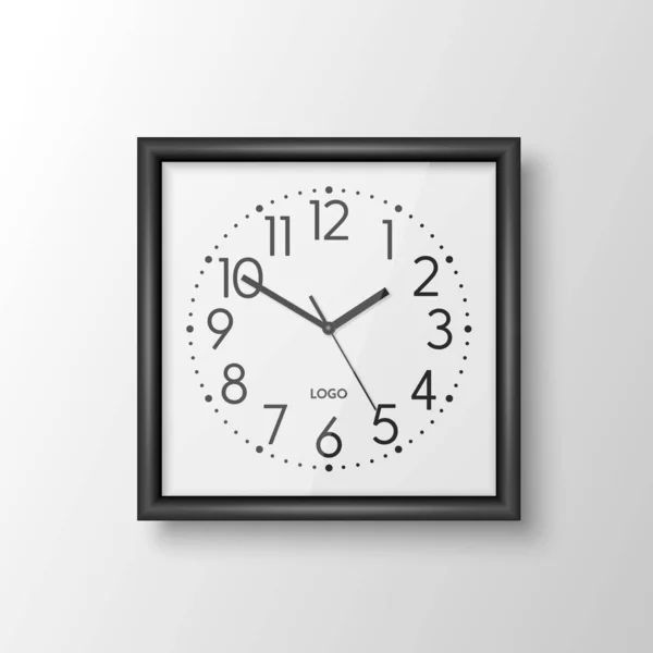 Vector Realistic Black Square Wall Office Clock Design Template Isolated — Stock Vector