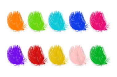 Vektör 3d Gerçekçi Çok Renkli Fluffy Feather Set Beyaz Arkaplanda izole edildi. Flamingo, Angel ve Kuş Detaylı Tüylerinin Tasarım Şablonu. Hafiflik, Özgürlük Kavramı.