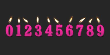 Vektör 3d Gerçekçi Parafin veya Ağda Yanan Pembe Doğum Günü Partisi Mumları, Numaralar ve Bir Mum Simgesi Farklı Alevler İzole Edildi. Tasarım Şablonu, Clipart, Doğum Günü Konsepti. Ön Görünüm.