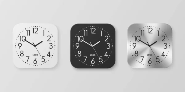 Vector Realista Blanco Negro Plata Cuadrada Pared Reloj Oficina Icono — Vector de stock