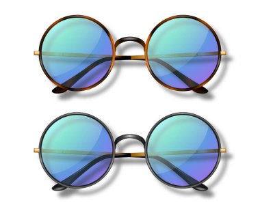 Vektör 3d Gerçekçi Yuvarlak Çerçeve Gözlükleri Gözlük İzole, Kadın ve Erkekler İçin Şeffaf Güneş Gözlüğü, Suç ortağı. Optik, Lens, Vintage, Moda Gözlüğü. Üst Görünüm.