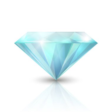 Vektör 3d Gerçekçi Mavi Şeffaf Üçgen Parlak Gemstone, Elmas, Kristal, Beyaz Arkaplanda Yansımalı Yapay Elmas Kapanışı. Mücevher konsepti. Tasarım Şablonu, Banner.