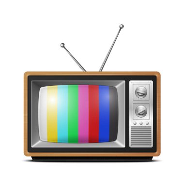 Vektör 3d Gerçekçi Kahverengi Tahta Çizgili Retro Çizgili Ekran TV Alıcısı Beyaz Arkaplanda İzole Edildi. Ev Tasarımı Konsepti. Klasik TV Seti, Televizyon, Ön Görünüm.