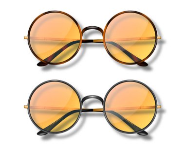 Vektör 3d Gerçekçi Yuvarlak Çerçeve Gözlükleri Gözlük İzole, Kadın ve Erkekler İçin Şeffaf Güneş Gözlüğü, Suç ortağı. Optik, Lens, Vintage, Moda Gözlüğü. Üst Görünüm.