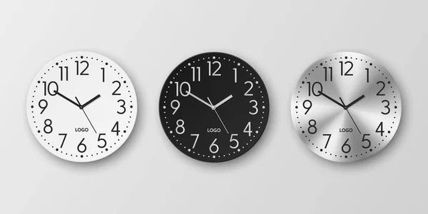 Vector Realista Blanco Negro Plata Redonda Pared Reloj Oficina Icono — Archivo Imágenes Vectoriales