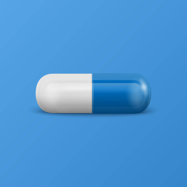 Векторная 3d Refleic Blue and White Pharmaceutical Medical Pill, капсула, на синем фоне. Вид спереди. Скопируй пространство. Медицина, мужская концепция здоровья.