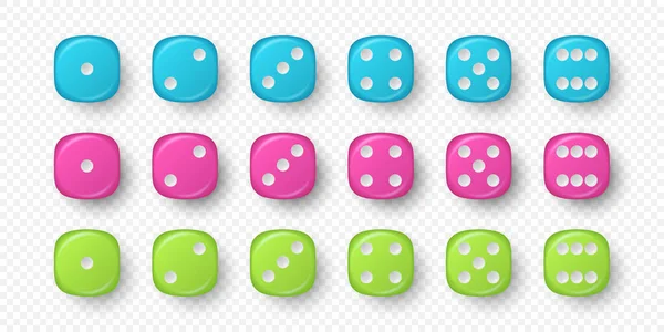ベクトル3Dリアルな青 ピンク 緑のゲームダイスアイコンセット閉じます ギャンブル カジノのダイスのためのゲームキューブ1から6ドット ラウンドエッジ — ストックベクタ