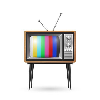 Vektör 3d Gerçekçi Kahverengi Tahta Çizgili Retro Çizgili Ekran TV Alıcısı Beyaz Arkaplanda İzole Edildi. Ev Tasarımı Konsepti. Klasik TV Seti, Televizyon, Ön Görünüm.