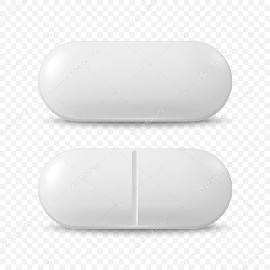Vector 3d Realistic White Pharmaceutical Medical Pill, Capsule, Tablet Icon Set Isolated. Front View. Medical Concept.