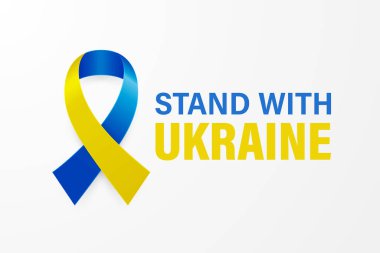 Ukrayna 'nın yanında dur. Mavi ve Sarı İpek Kurdeleli Barış Smbol 'u ile Savaş Karşıtı Çağrı. Ukrayna Bayrak Renkleri. Mücadele, Protesto, Destek Ukrayna, Slogan. Vektör İllüstrasyonu.