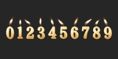 Vektör 3d Gerçekçi Parafin veya Balmumu Yanan Altın Doğum Günü Partisi Mumları, Numaralar ve Bir Mum Simgesi Farklı Alevler İzole Edildi. Tasarım Şablonu, Clipart, Doğum Günü Konsepti. Ön Görünüm.