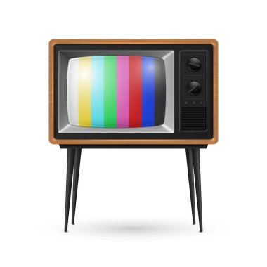 Vektör 3d Gerçekçi Kahverengi Tahta Çizgili Retro Çizgili Ekran TV Alıcısı Beyaz Arkaplanda İzole Edildi. Ev Tasarımı Konsepti. Klasik TV Seti, Televizyon, Ön Görünüm.