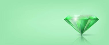 3d Gerçekçi Yeşil Şeffaf Üçgen Parlayan Gemstone, Elmas, Kristal, Yapay Elmas Yansımalı Yeşil Arkaplan üzerine Vektör Yatay Sancak. Mücevher konsepti. Tasarım Şablonu.