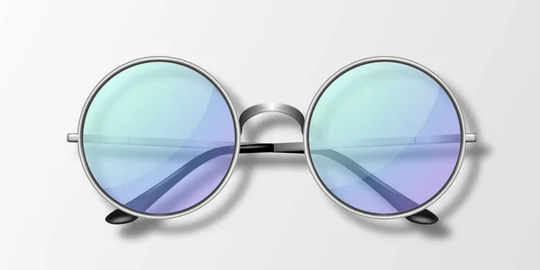矢量3D真实感圆形镜框与Icon分离 灰色银色相框 透明的紫色男女太阳镜 采购产品光学 时髦的眼镜 顶视图 — 图库矢量图片