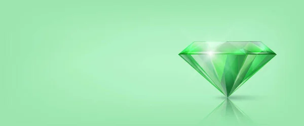 Vektorový Horizontální Banner Realistickým Zeleným Průsvitným Trojúhelníkovým Zářícím Drahokamem Diamantem — Stockový vektor